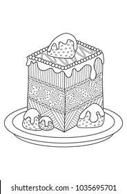 Vector doodle coloring book page cake with strawberry. Anti-stress for adults and children