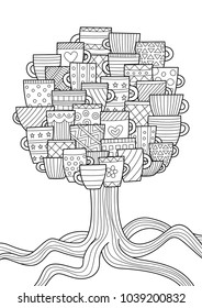 Vector doodle coloring book page tree of cups. For adult and children