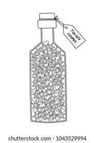 Vector doodle coloring book page bottle with stars and hearts. Tag "You are cosmos" Anti-stress for adults and children
