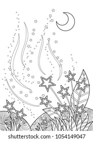 Vector doodle coloring book page abstract landscape with star flowers. Anti-stress for adults and children