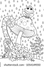 Vector doodle coloring book page forest mushroom with funny frog. Anti-stress for adults and children