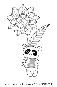 Vector doodle coloring book page funny panda with big flower. Anti-stress coloring for adults and children