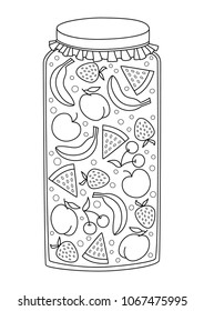 Vector doodle coloring book page jar of fruit jam. Anti-stress for adults and children
