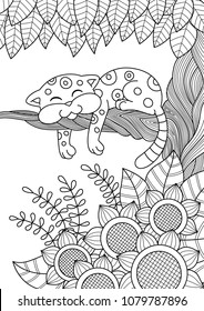 Vector doodle coloring book page cute sleeping cat on the tree with flowers. Anti-stress for adults and children