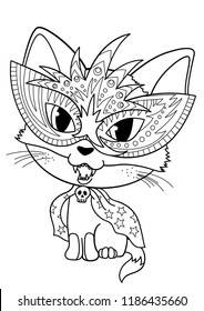 Vector doodle coloring book page cute cat wearing mask. Anti-stress for adults and children