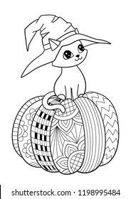 Vector doodle coloring book page cute cat on the pumpkin. Anti-stress for adults and children