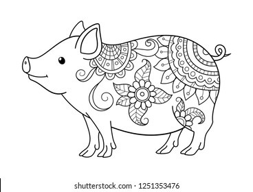 Vector doodle coloring book page cute pig with floral pattern