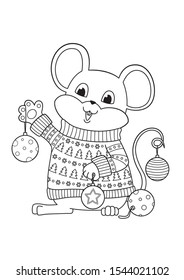 Vector doodle coloring book page cute mouse dressed in a sweater. New year and Christmas illustration. Antistress for adult and children