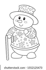 Vector doodle coloring book page cute snowman with candy cane