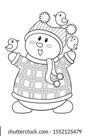 Vector doodle coloring book page cute snowman and birds