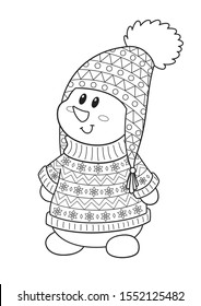 Vector doodle coloring book page cute snowman wearing warm sweater and hat
