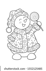 Vector doodle coloring book page cute snowman with lollipop
