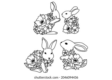 Vector doodle coloring book page of cute rabbit in flowers. Antistress for adults and children