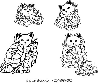 Vector doodle coloring book page of cute cat in flowers. Antistress for adults and children