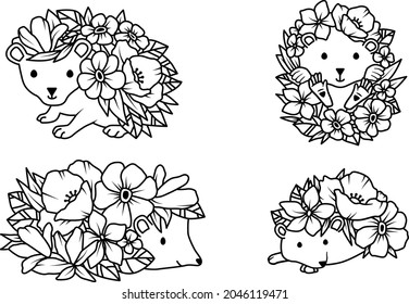 Vector doodle coloring book page cute hedgehog in flowers. Antistress for adults and children