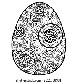 Vector Doodle Coloring Book Page Or Adult. Easter Egg In Mandala Style. Detailed Black Contour Flowers Pattern On White Background