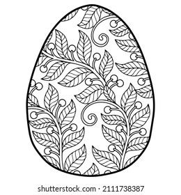 Vector doodle coloring book page or adult. Easter egg in mandala style. Detailed black contour flowers pattern on white background