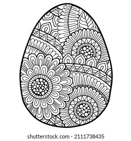 Vector doodle coloring book page or adult. Easter egg in mandala style. Detailed black contour flowers pattern on white background