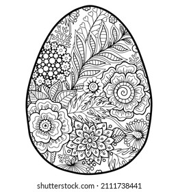 Vector doodle coloring book page or adult. Easter egg in mandala style. Detailed black contour flowers pattern on white background
