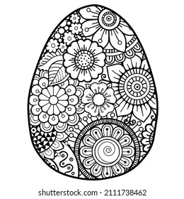 Vektordoodle Farbbuchseite oder Erwachsene. Osterei im Mandala-Stil. Detaillierte schwarze Kontur-Blumen-Muster auf weißem Hintergrund