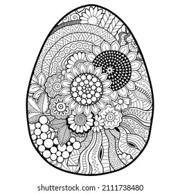 Vector doodle coloring book page or adult. Easter egg in mandala style. Detailed black contour flowers pattern on white background