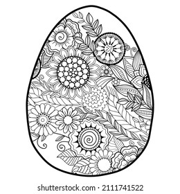 Página del libro de coloreado de garabatos vectoriales o adulto. Huevo de Pascua al estilo mandala. Patrón detallado de flores de contorno negro sobre fondo blanco