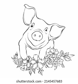 Vector doodle coloring book page cute pig in flowers. Anti-stress for adults and children