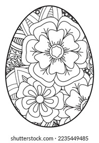 Vector doodle coloring book page or adult and kids . Easter egg in flower coloring page style. Detailed black contour flowers pattern on white background