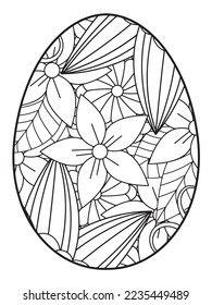 Vector doodle coloring book page or adult and kids . Easter egg in flower coloring page style. Detailed black contour flowers pattern on white background