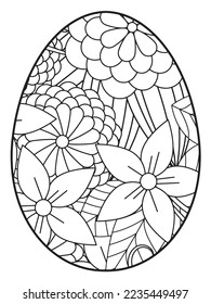 Vektordoodle Farbbuchseite oder Erwachsene und Kinder . Osterei im Blumenfarbstil. Detaillierte schwarze Kontur-Blumen-Muster auf weißem Hintergrund
