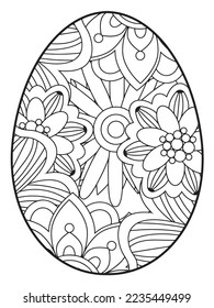 Vector doodle coloring book page or adult and kids . Easter egg in flower coloring page style. Detailed black contour flowers pattern on white background