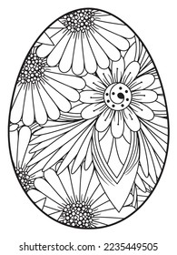 Vector doodle coloring book page or adult and kids . Easter egg in flower coloring page style. Detailed black contour flowers pattern on white background