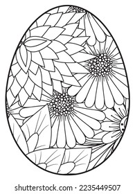 Vektordoodle Farbbuchseite oder Erwachsene und Kinder . Osterei im Blumenfarbstil. Detaillierte schwarze Kontur-Blumen-Muster auf weißem Hintergrund