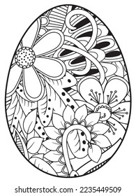 Vector doodle coloring book page or adult and kids . Easter egg in flower coloring page style. Detailed black contour flowers pattern on white background