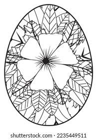 Vector doodle coloring book page or adult and kids . Easter egg in flower coloring page style. Detailed black contour flowers pattern on white background