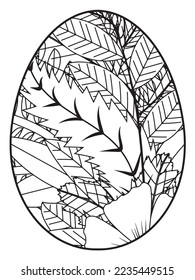 Vector doodle coloring book page or adult and kids . Easter egg in flower coloring page style. Detailed black contour flowers pattern on white background