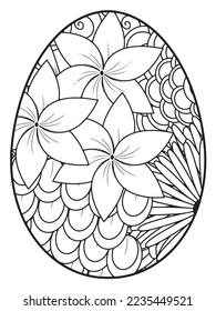 Vector doodle coloring book page or adult and kids . Easter egg in flower coloring page style. Detailed black contour flowers pattern on white background