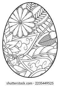 Vector doodle coloring book page or adult and kids . Easter egg in flower coloring page style. Detailed black contour flowers pattern on white background