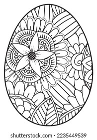 Página del libro de colorear el doodle vectorial para adultos y niños. Huevo de Pascua al estilo de página de color de flores. Patrón detallado de flores de contorno negro sobre fondo blanco