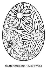 Vector doodle coloring book page or adult and kids . Easter egg in flower coloring page style. Detailed black contour flowers pattern on white background