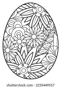 Vector doodle coloring book page or adult and kids . Easter egg in flower coloring page style. Detailed black contour flowers pattern on white background