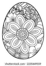 Vector doodle coloring book page or adult and kids . Easter egg in flower coloring page style. Detailed black contour flowers pattern on white background