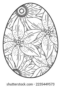 Vector doodle coloring book page or adult and kids . Easter egg in flower coloring page style. Detailed black contour flowers pattern on white background