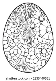 Vector doodle coloring book page or adult and kids . Easter egg in flower coloring page style. Detailed black contour flowers pattern on white background