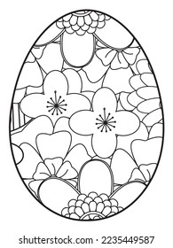 Página del libro de colorear el doodle vectorial para adultos y niños. Huevo de Pascua al estilo de página de color de flores. Patrón detallado de flores de contorno negro sobre fondo blanco
