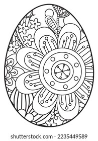 Vector doodle coloring book page or adult and kids . Easter egg in flower coloring page style. Detailed black contour flowers pattern on white background