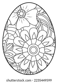 Vector doodle coloring book page or adult and kids . Easter egg in flower coloring page style. Detailed black contour flowers pattern on white background