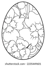 Vector doodle coloring book page or adult and kids . Easter egg in flower coloring page style. Detailed black contour flowers pattern on white background