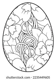 Vector doodle coloring book page or adult and kids . Easter egg in flower coloring page style. Detailed black contour flowers pattern on white background
