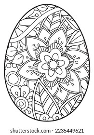 Vector doodle coloring book page or adult and kids . Easter egg in flower coloring page style. Detailed black contour flowers pattern on white background